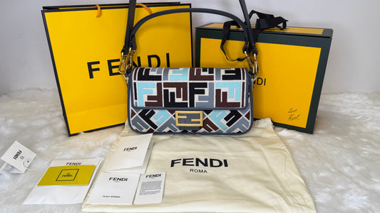 Fendi Baguette FF Embroidered Canvas Shoulder Bag